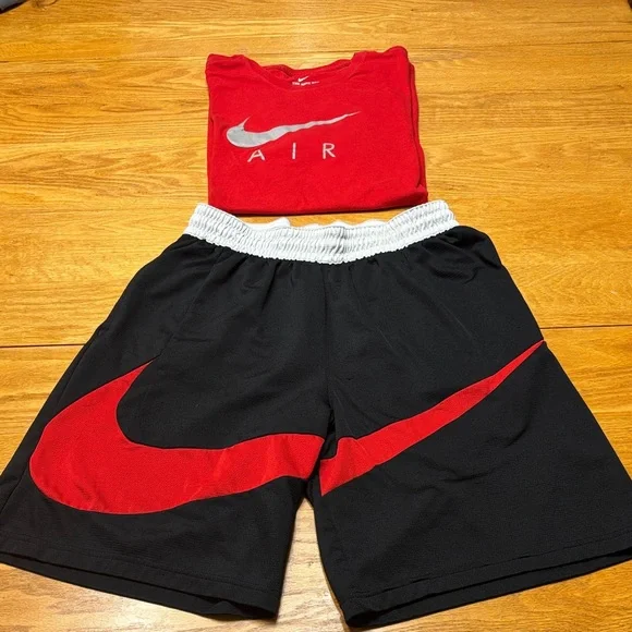 Nike Men’s Black Shorts with Red Swoosh with Red Shirt with a swoosh - Picture 3 of 6